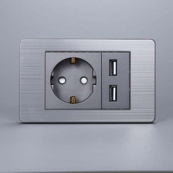 Ổ Cắm Chìm Chuẩn Đức Có USB Bo Viền Màu Xám Âm Tường Mặt Hợp Kim Thương Hiệu Nhật Tenko TK-C7-065