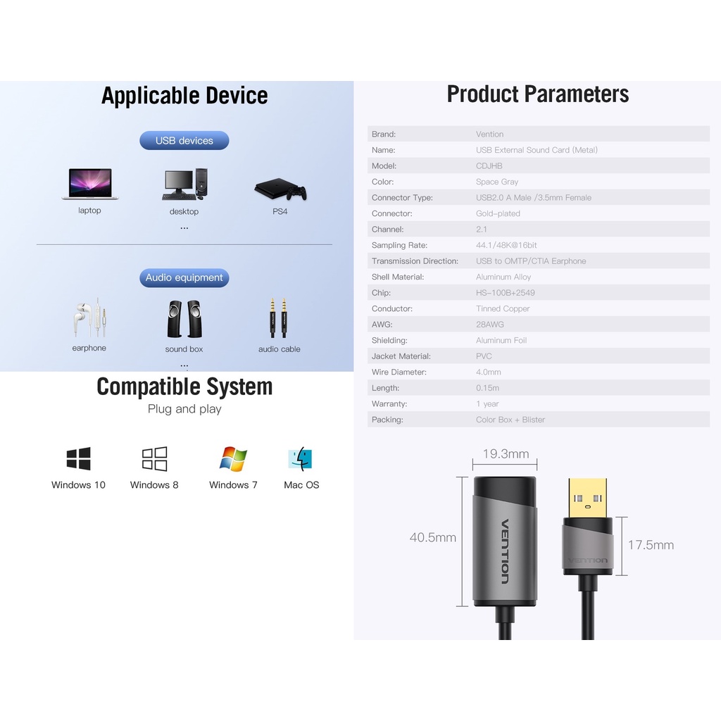 Card âm thanh chuyển Usb ra 1 cổng 3.5mm hỗ trợ mic Vention CDNH0 / CDJHB / CDZB0 - Hàng chính hãng