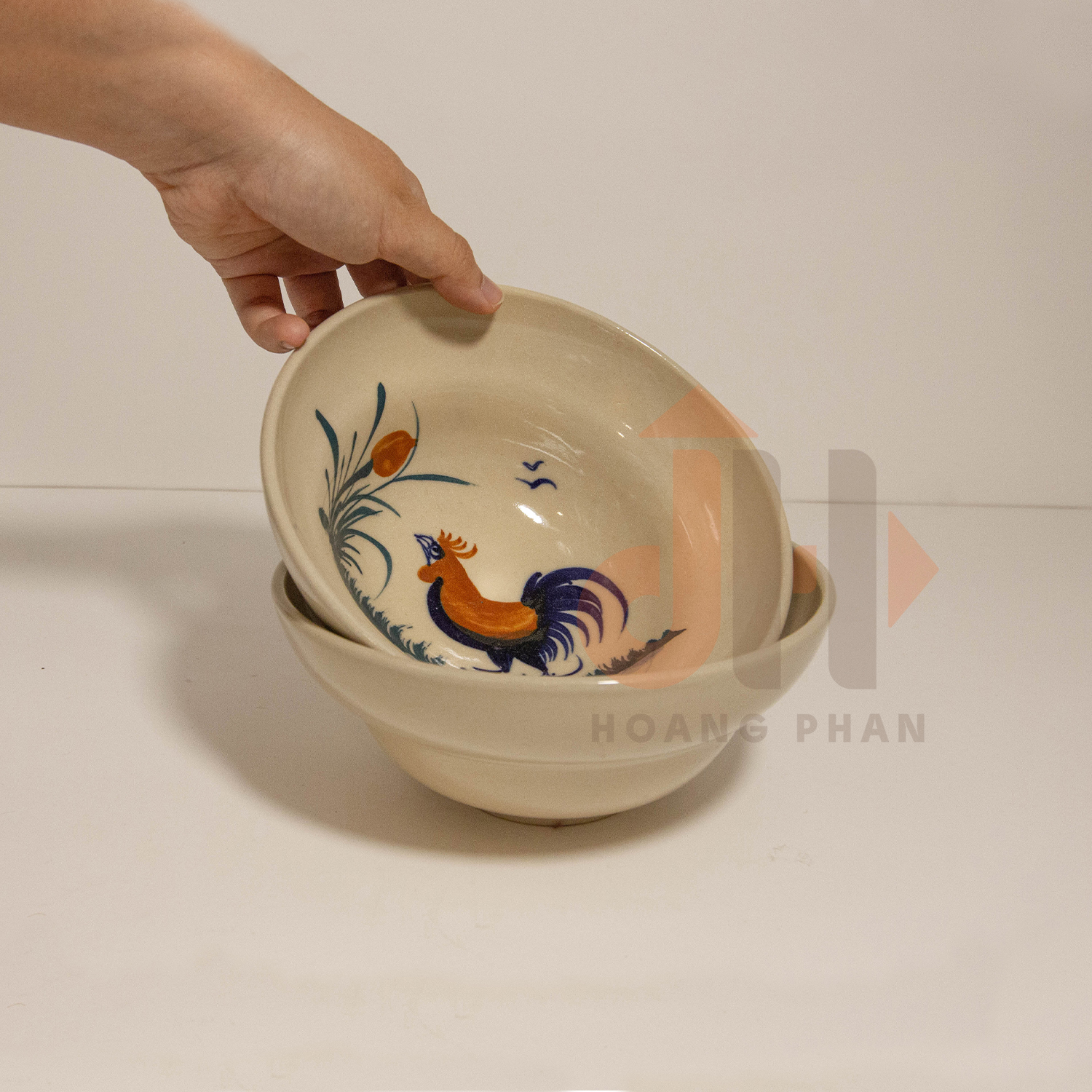 [Bữa cơm Thuần Việt] Bộ 2 Bát gốm Chiết Yêu dùng món nước họa tiết Gà Trống Nam Bộ