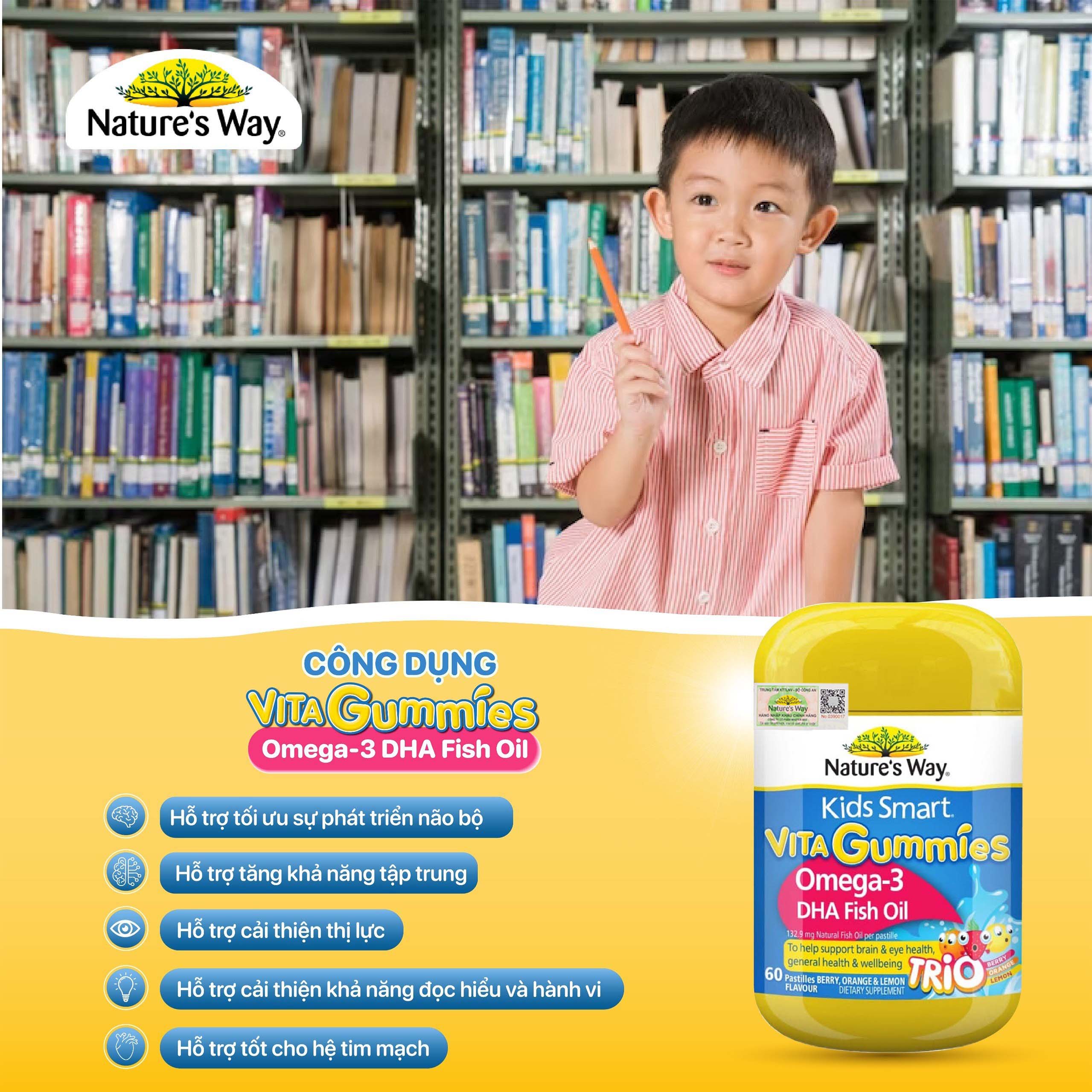 Kẹo Dẻo Cho Bé Nature's Way Kids Smart Vita Gummies Omega-3 DHA Fish Oil Tăng Cường Trí Thông Minh Cho Bé Hộp 60v