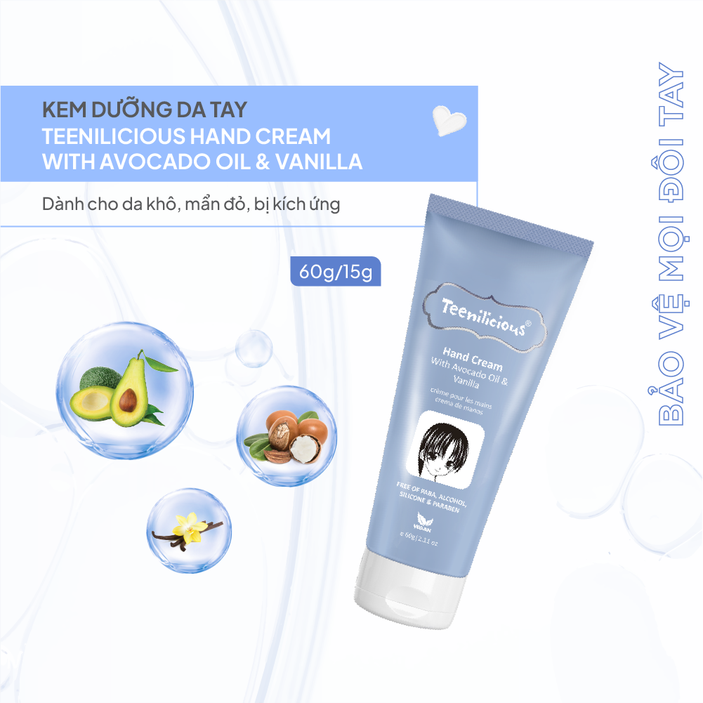 Kem Dưỡng Da Tay Teenilicious Hand Cream With Avocado Oil &amp; Vanilla Hỗ Trợ Dưỡng Ẩm, Mềm Mại Da 60g