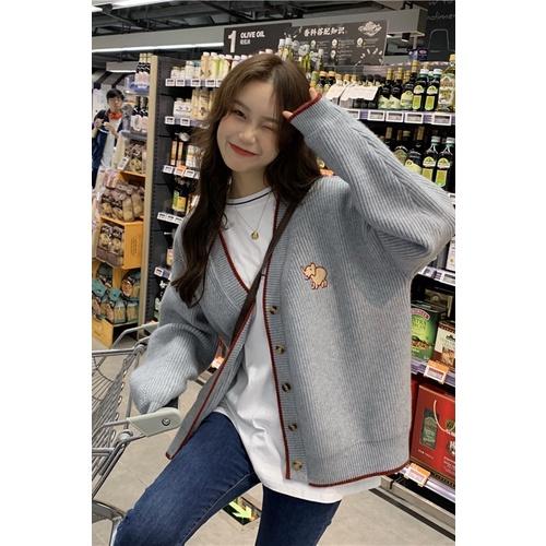 Áo khoác cardigan len cổ V cài khuy phối viền style nữ sinh Hàn Quốc