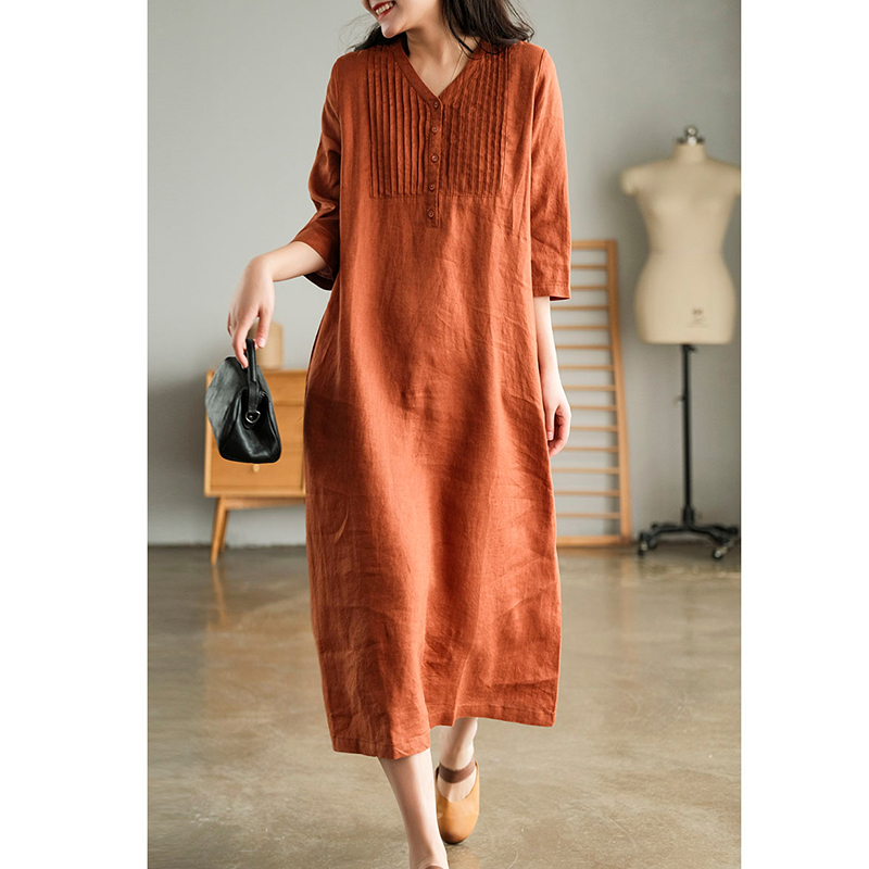Váy Đầm Trung Niên Dáng Suông Form Rộng Chất Linen Thoáng Mát Đũi Việt Dv165