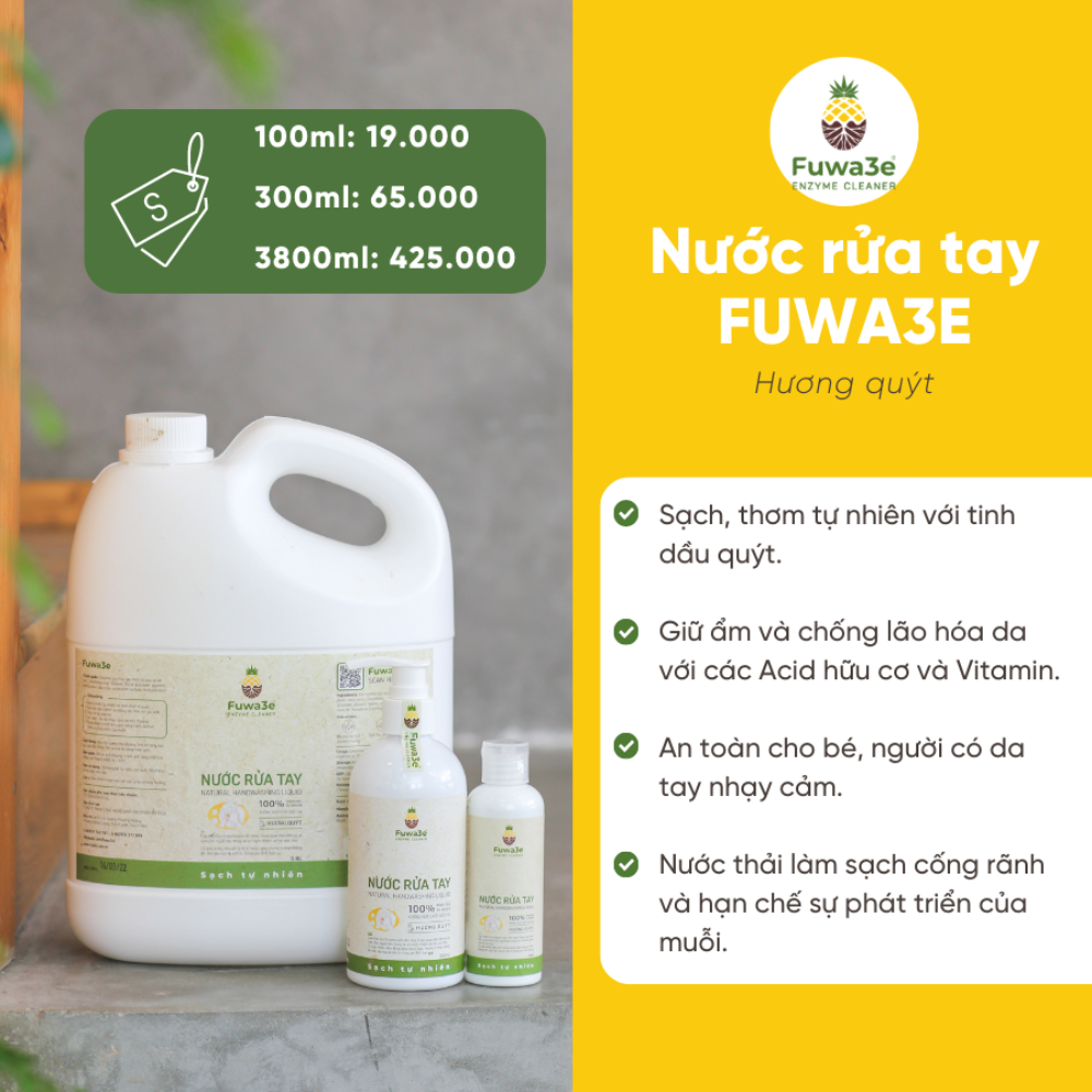 Nước rửa tay sát khuẩn Fuwa3e hữu cơ mùi tinh dầu quýt từ chế phẩm Enzyme sinh học 3.8L