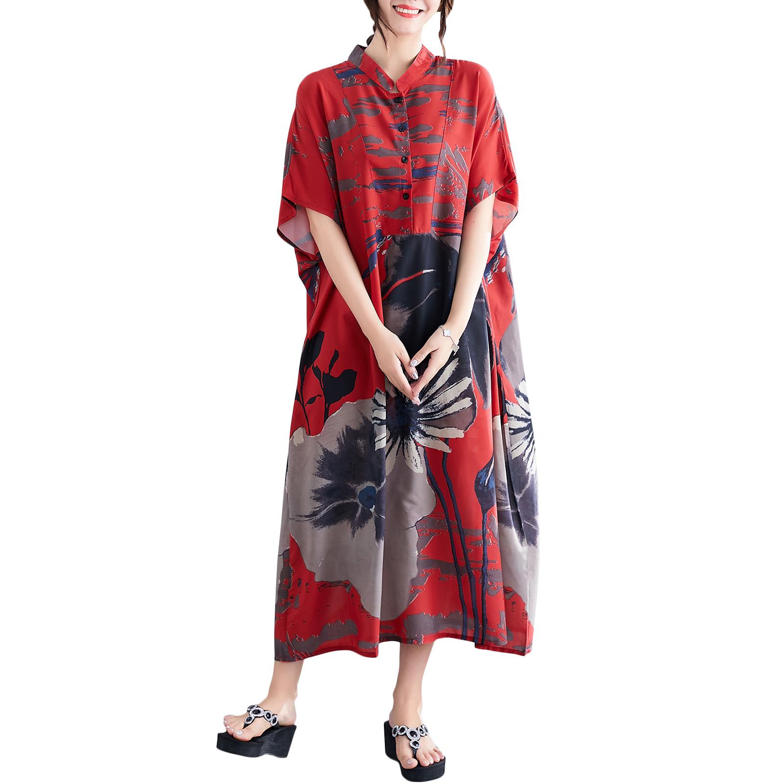 Vintage Women Plus Size Long Dress Floral Short Sleeve Pocket Blouse Dress Loose Casual Midi Dress
