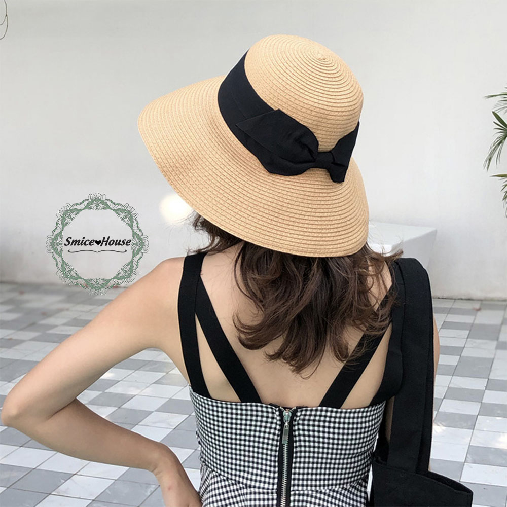 Mũ cói vành rộng chống nắng mùa hè phối nơ hai màu kem và nâu dùng đi chơi đi biển phong cách Hàn Quốc/ nón nữ đi biển vành rộng - Smice House