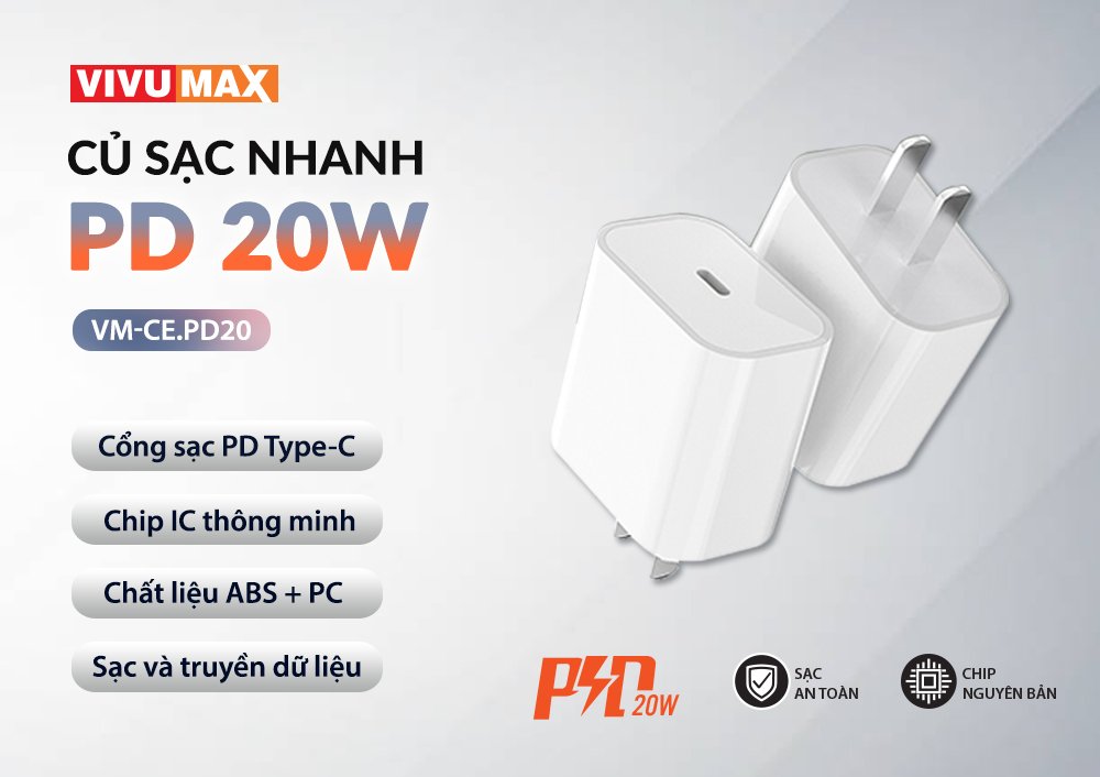 Củ sạc nhanh PD 20W Vivumax PD20 - Hàng chính hãng, bảo hành chính hãng