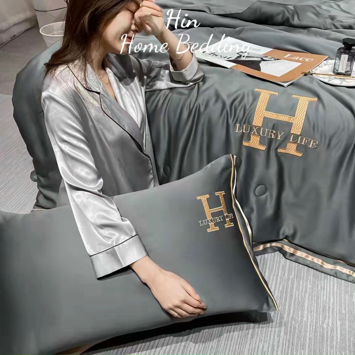 Bộ Chăn Ga Gối Đệm 5 Món Chăn Phao Lụa Thái Hin Home Bedding Drap Giường Lụa Mẫu Xám Lông Chuột