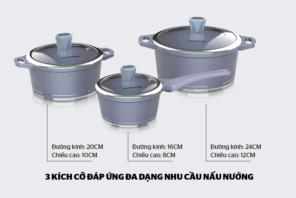 Bộ nồi quánh vân đá đáy từ SUNHOUSE SHG2003MMA - Dùng được mọi loại bếp - Bộ sản phẩm 2 nồi kích thước 20,24 cm và 1 quánh 16 cm