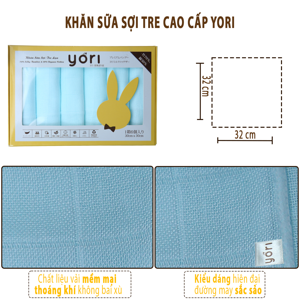 Hộp 6 Khăn sữa sợi tre lụa YORI cho bé sơ sinh (30 x 30cm)