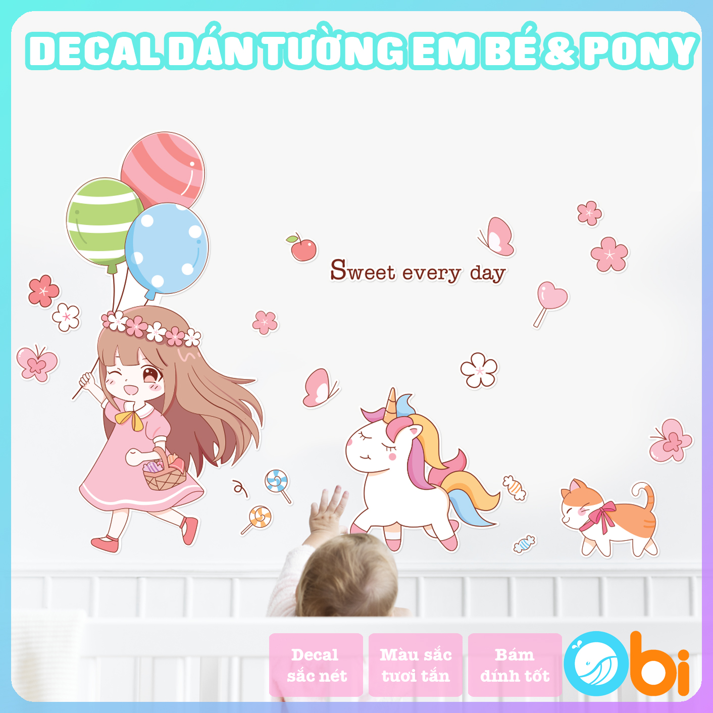 Decal dán tường cho bé - Decal Em bé và ngựa Pony