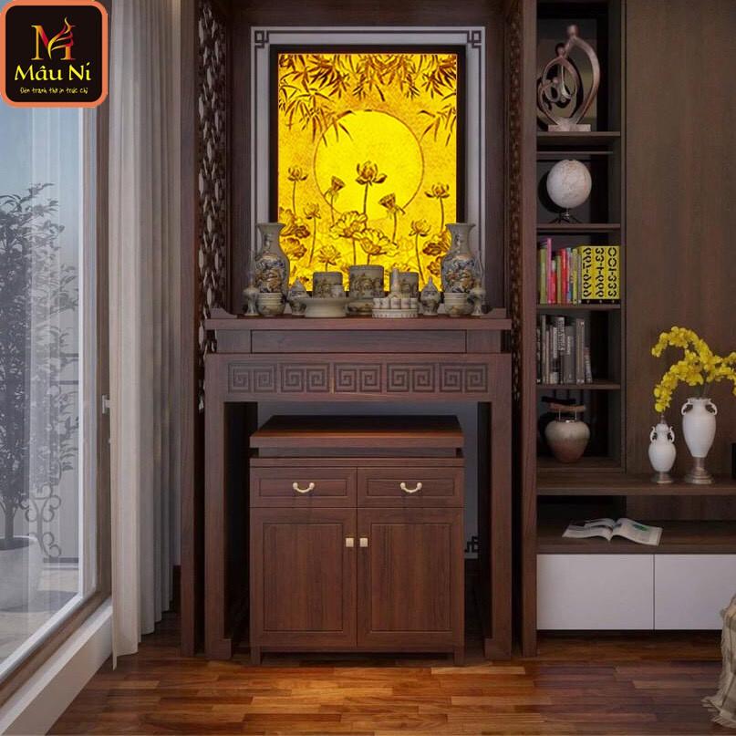 Tranh trúc chỉ in MÂU NI cho Đồ phong thủy đẹp , kt 81x107cm, Sen đài dọc (thích hợp cho bàn thờ rộng 89cm, 107cm