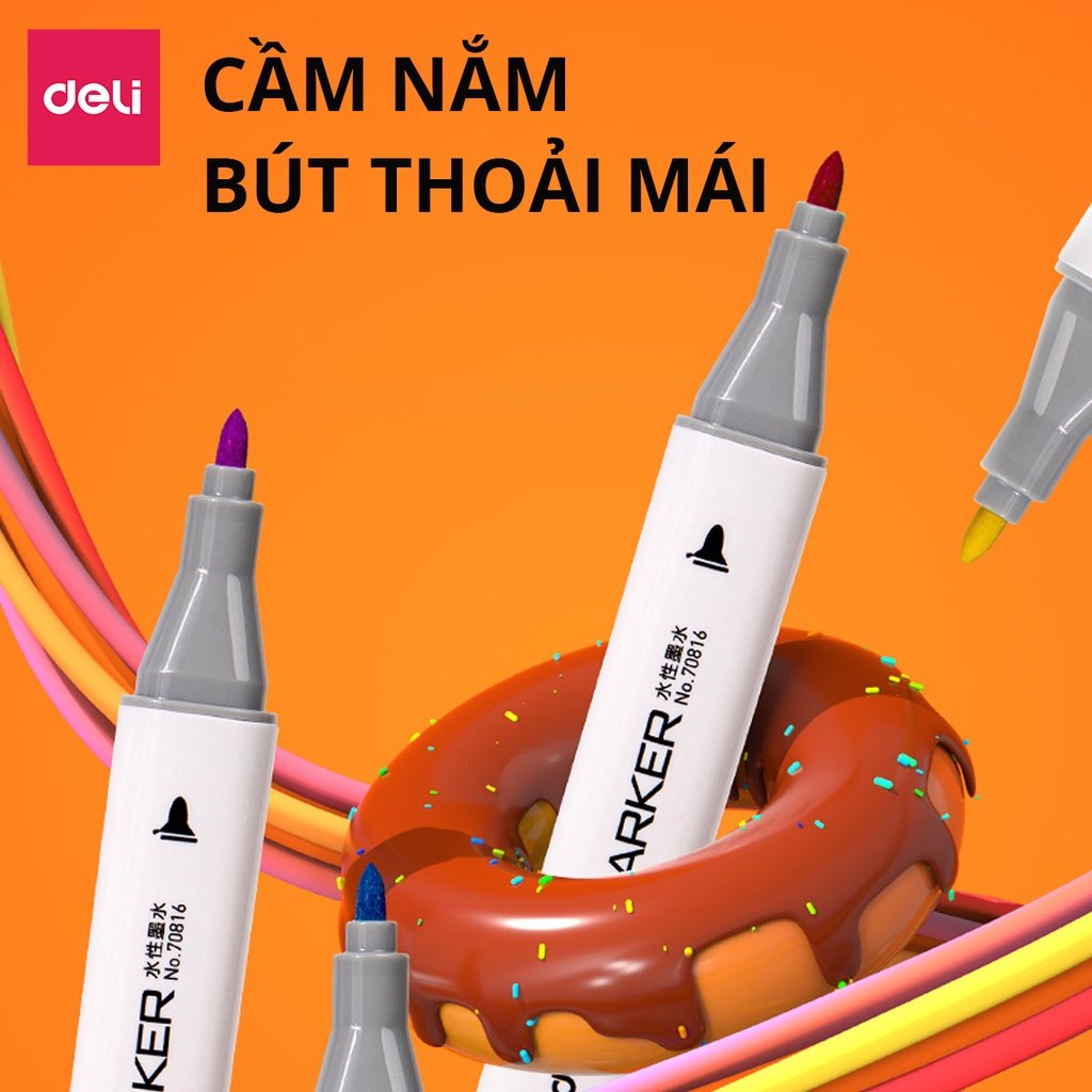 Bút lông màu Marker 2 đầu 60 màu Deli 70816-60 - Hộp nhựa, tô màu vẽ tranh chuyên nghiệp