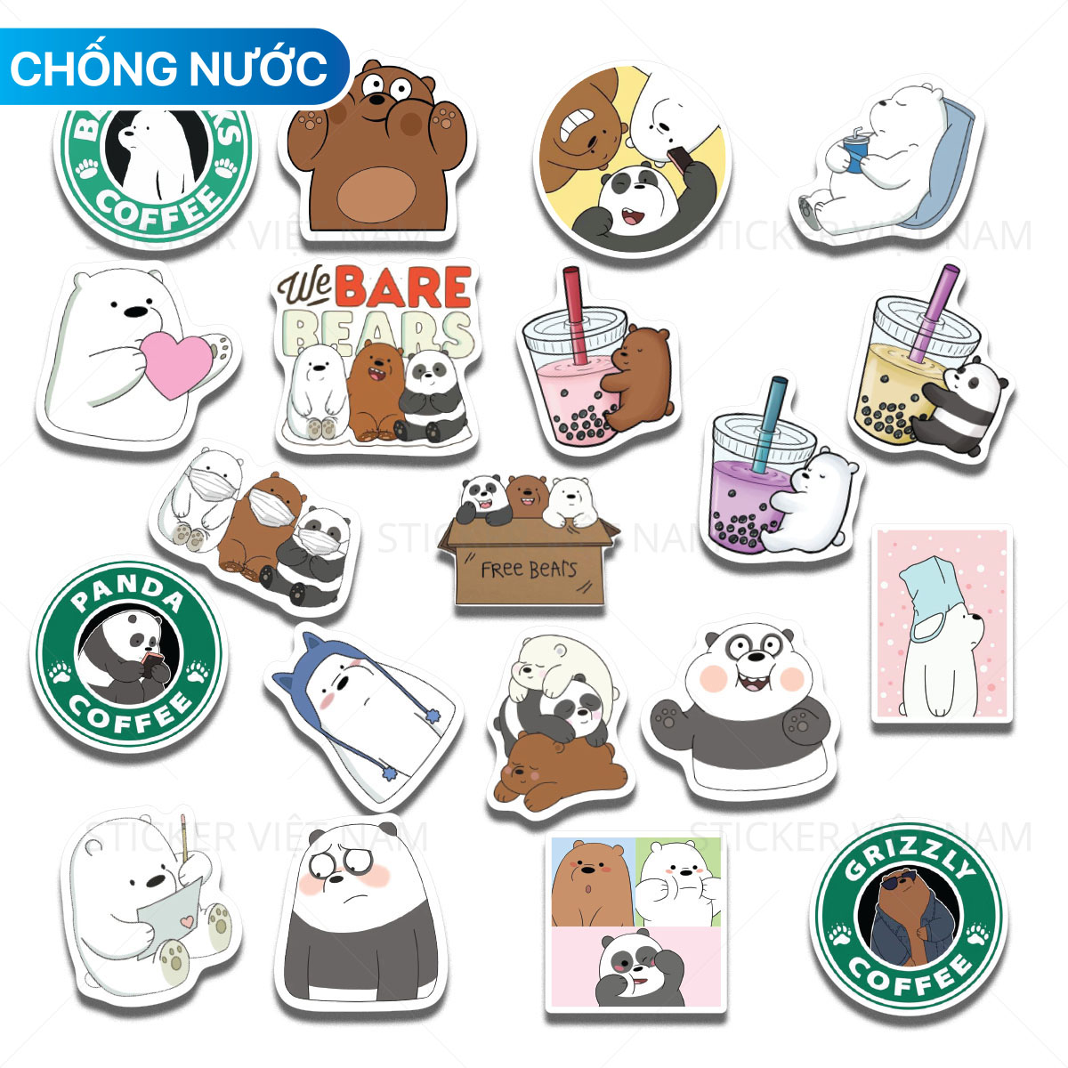 Sticker Ba Chú Gấu - We Bare Bears Siêu Dễ Thương - Chất Liệu PVC Chất Lượng Cao Chống Nước - Kích Thước 4-8cm