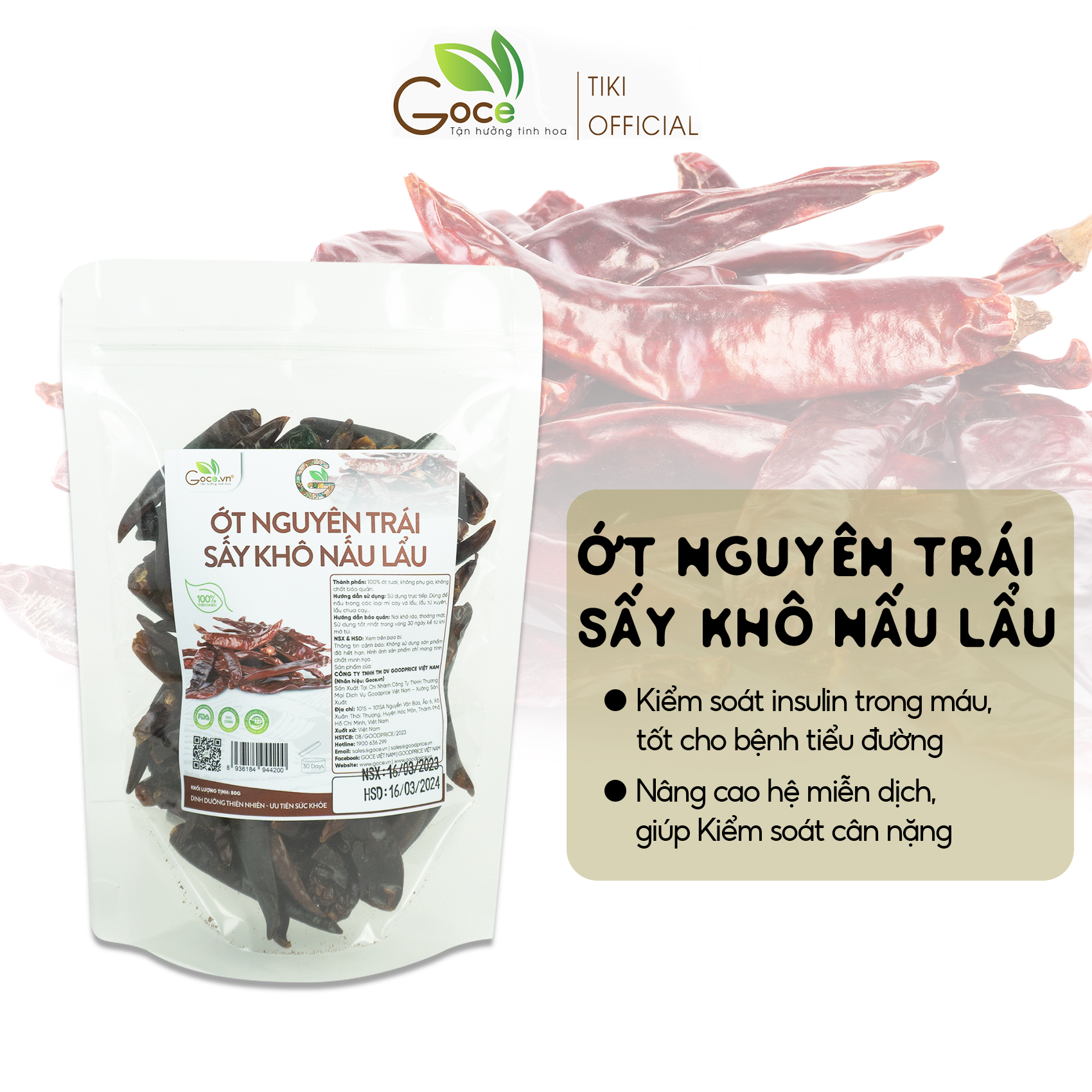 Ớt nguyên trái sấy khô nấu lẩu Goce - 60g