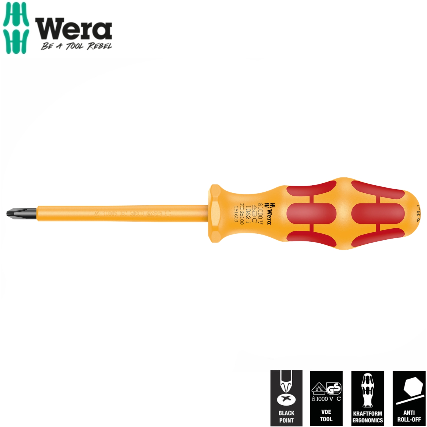 Tua vít cách điện 4 cạnh 1062 i PH 2 x 100 mm Wera 05051603001 1062 i PH VDE-insulated Kraftform Phillips-head