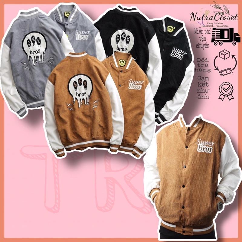 Áo khoác bomer bóng chày thêu kaki nhung gân 2 lớp unisex ulzzang nam nữ AK795