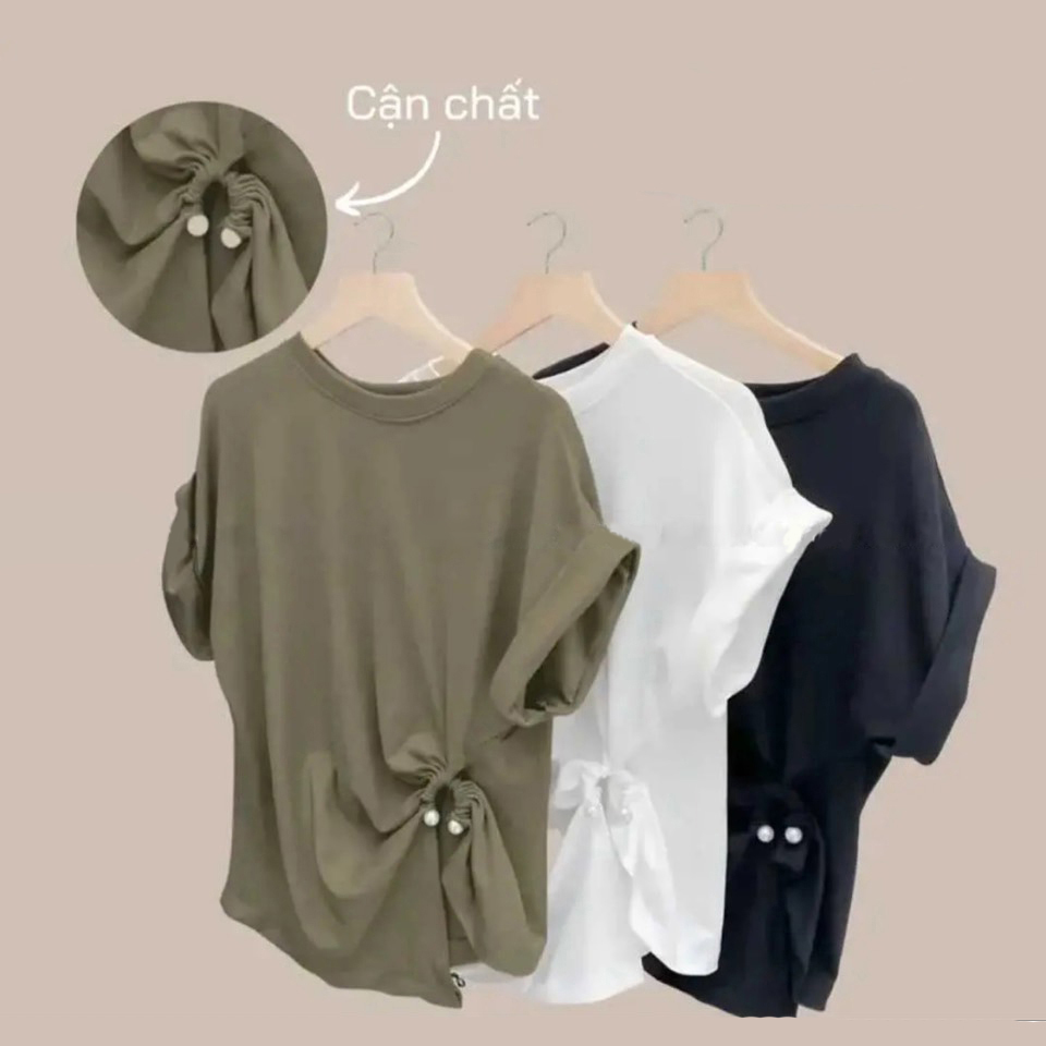 [có BIG SIZE] áo thun tay hến nhún eo mix ngọc điệu đà tạo eo thon, mẫu mới vải cotton co dãn 4 chiều