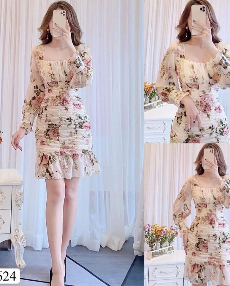 Váy hoa cổ vuông tay bồng sz M chất voan hai lớp rất đẹp