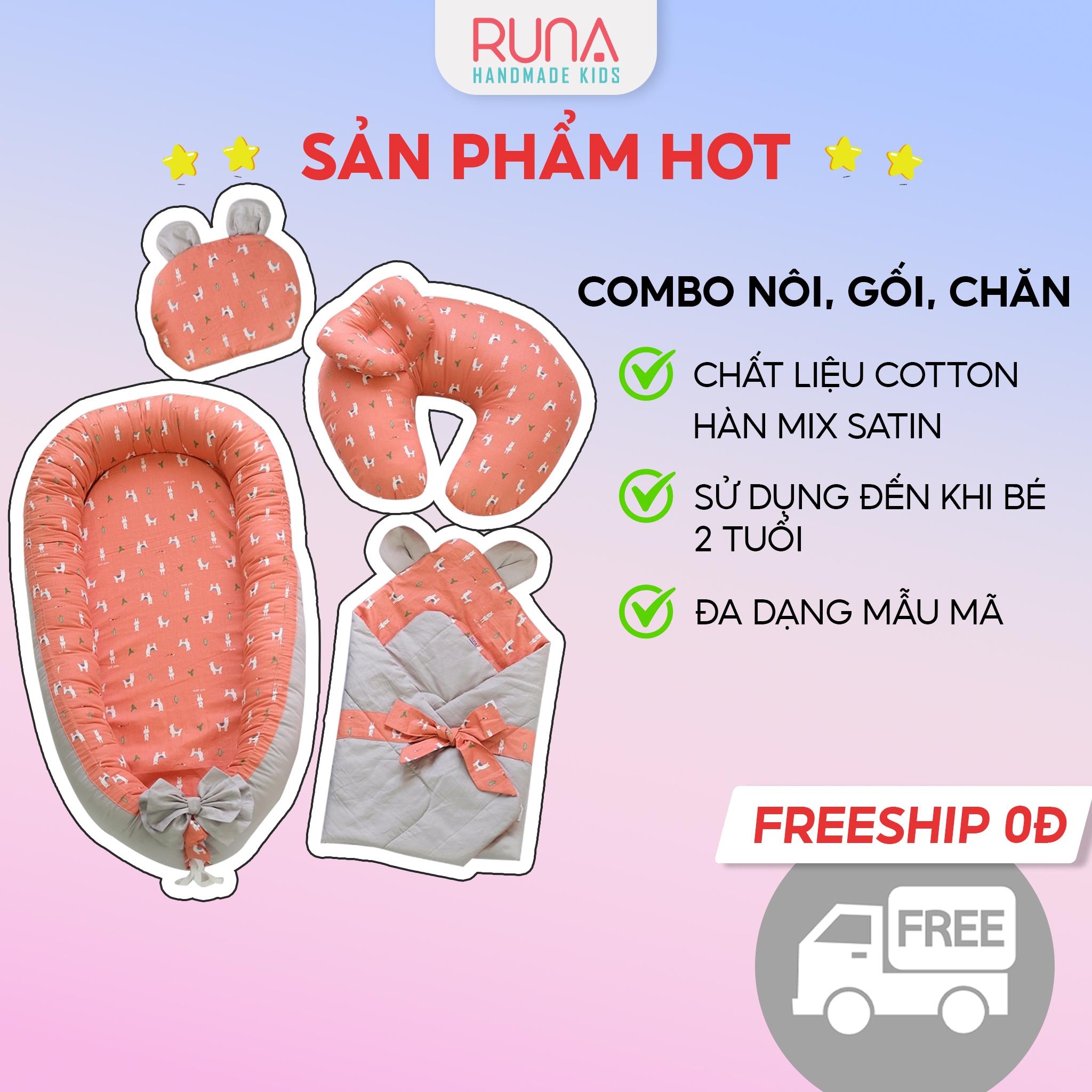 Combo nôi, chăn, gối lót đầu, gối hỗ trợ bé bú cho bé sơ sinh RUNA KIDS chất liệu Satin cao cấp, mềm mịn, an toàn cho bé