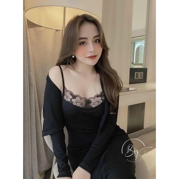 Set bộ - Set bộ đầm body phối ren kèm áo khoác ngoài thời trang, Chất thun co dãn