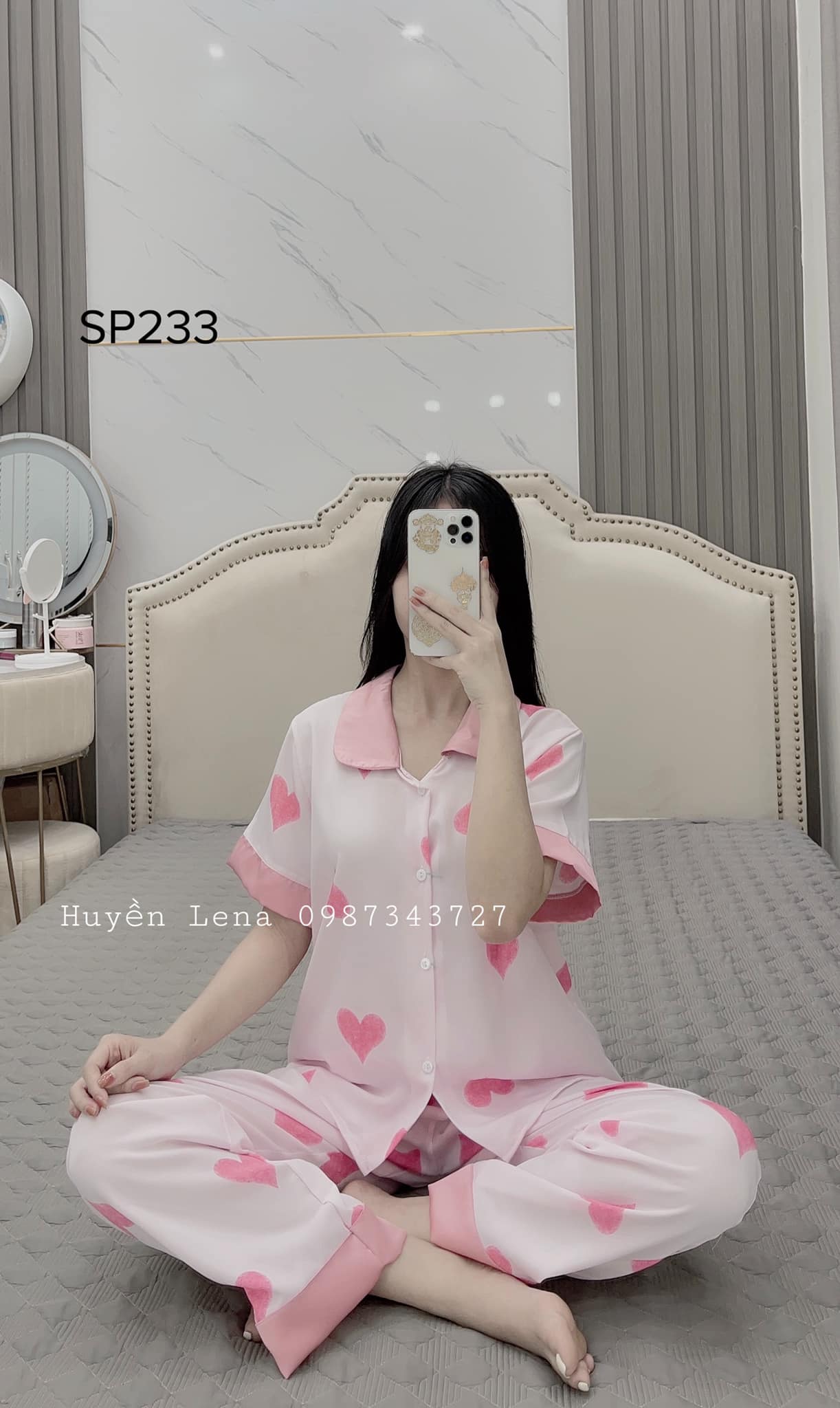 Bộ pijama cộc tay nữ lụa latin cao cấp, bộ ngủ nữ họa tiết tim vải siêu xịn DC07