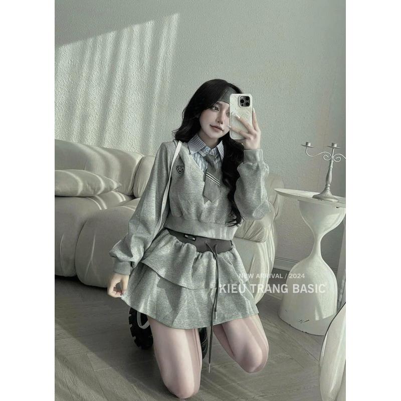 Set nỉ Miu kèm cà vạt siu xinh BY JOLIE - Ghi