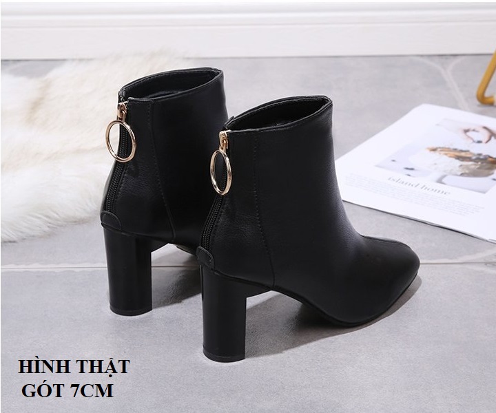 Giày boot đế vuông da trơn mũi bằng S095