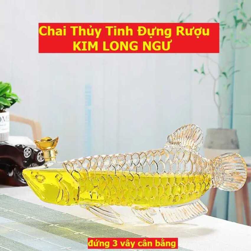 Bộ vali Bình Thủy Tinh Đựng Rượu cá kim long 1,500ML cao cấp – kèm vali da và đế gỗ - Chai Đựng Rượu Thủy Tinh làm quà tân gia, sinh nhật ý nghĩa