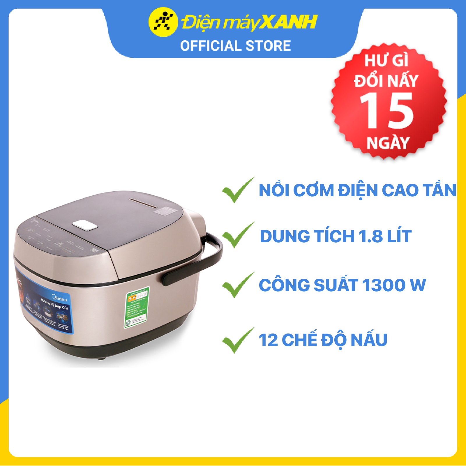 Nồi cơm điện cao tần Midea 1.8 lít MB-HS5008 - Hàng Chính Hãng