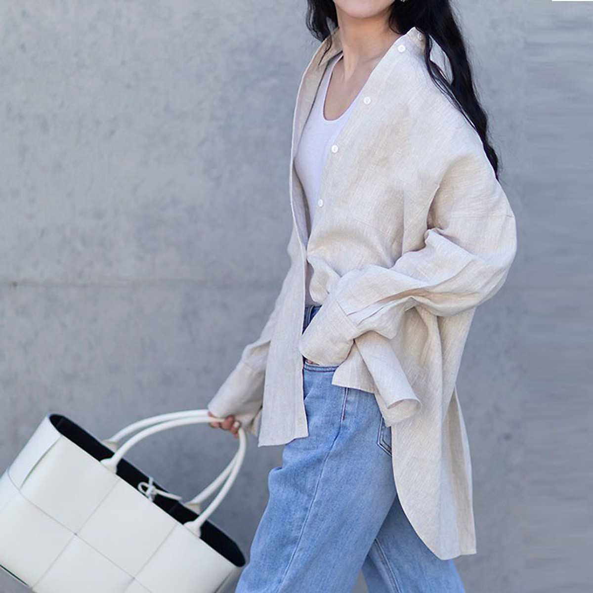 Áo sơ mi nữ form rộng rớt vai vải Linen bột Premium trẻ trung xịn xò