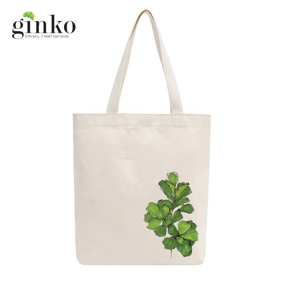 Túi tote canvas vải mộc Ginko có dây kéo khóa miệng túi( có túi con bên trong) đựng vừa laptop 14 inch và nhiều đồ dùng khác in hình cây lá M55-M56