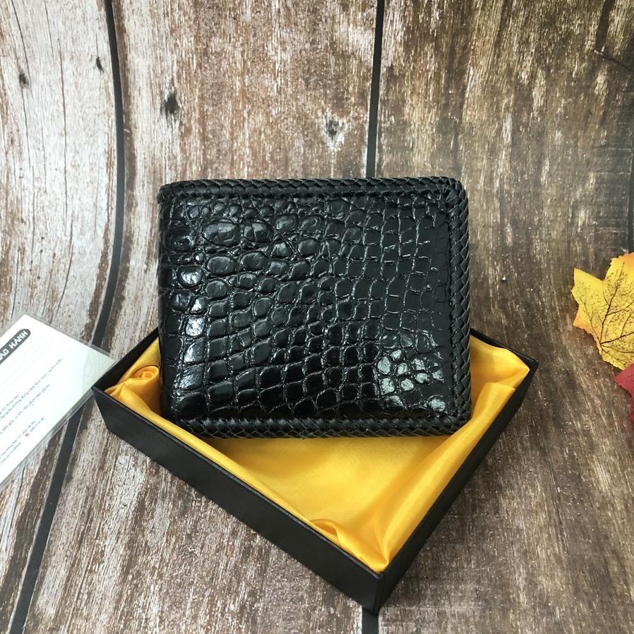 Ví Da Cá Sấu Khâu Viền 1 Mặt, Bóp Nam Da Bụng Cá Sấu Đan Viền Handmade Màu Đen, Ví Nam Da Cá Sấu Cao Cấp - BH 24 tháng