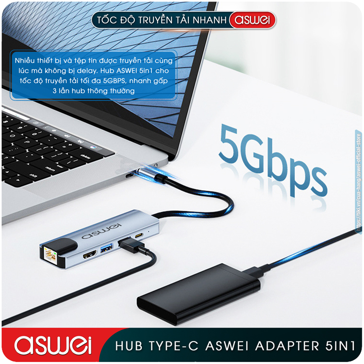Hub Type C ASWEI 5 in 1 To HDMI, USB 3.0, Lan RJ45, PD 100W - Hàng Chính Hãng