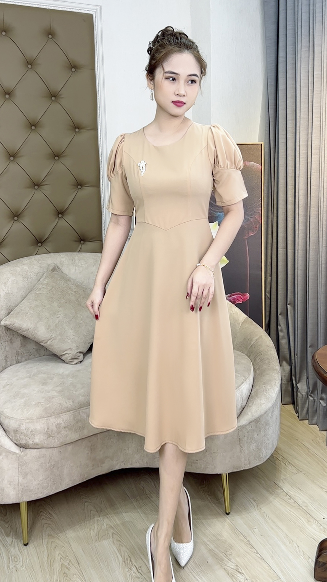 Đầm Đi Tiệc [ Linh Trà ] (TM 411) Cao Cấp Vải Chéo Ý Tay Ngắn Siêu Xinh Quý Phái Sang Trọng Đi Làm