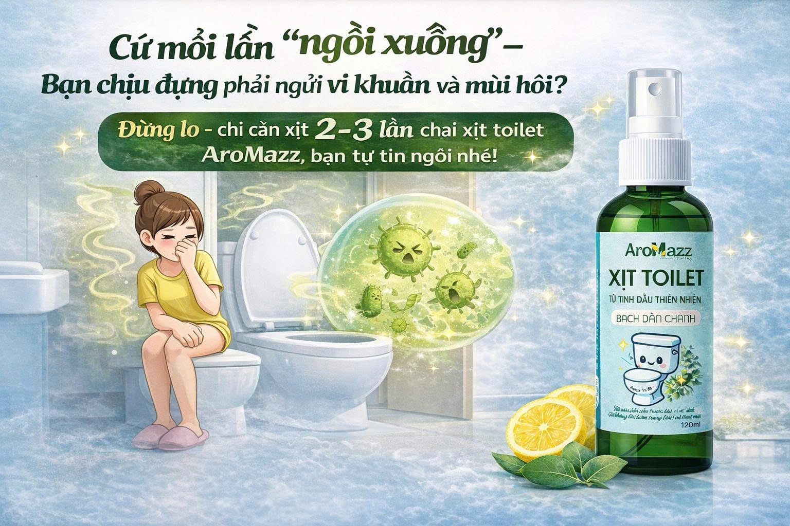 (Combo 3) Xịt Toilet Trước Khi Đi Vệ Sinh AroMazz, Xịt Khử Mùi  Nhà Vệ Sinh Từ Tinh Dầu Thiên Nhiên An Toàn Cho Gia Đình Dùng Hàng Ngày 120ml