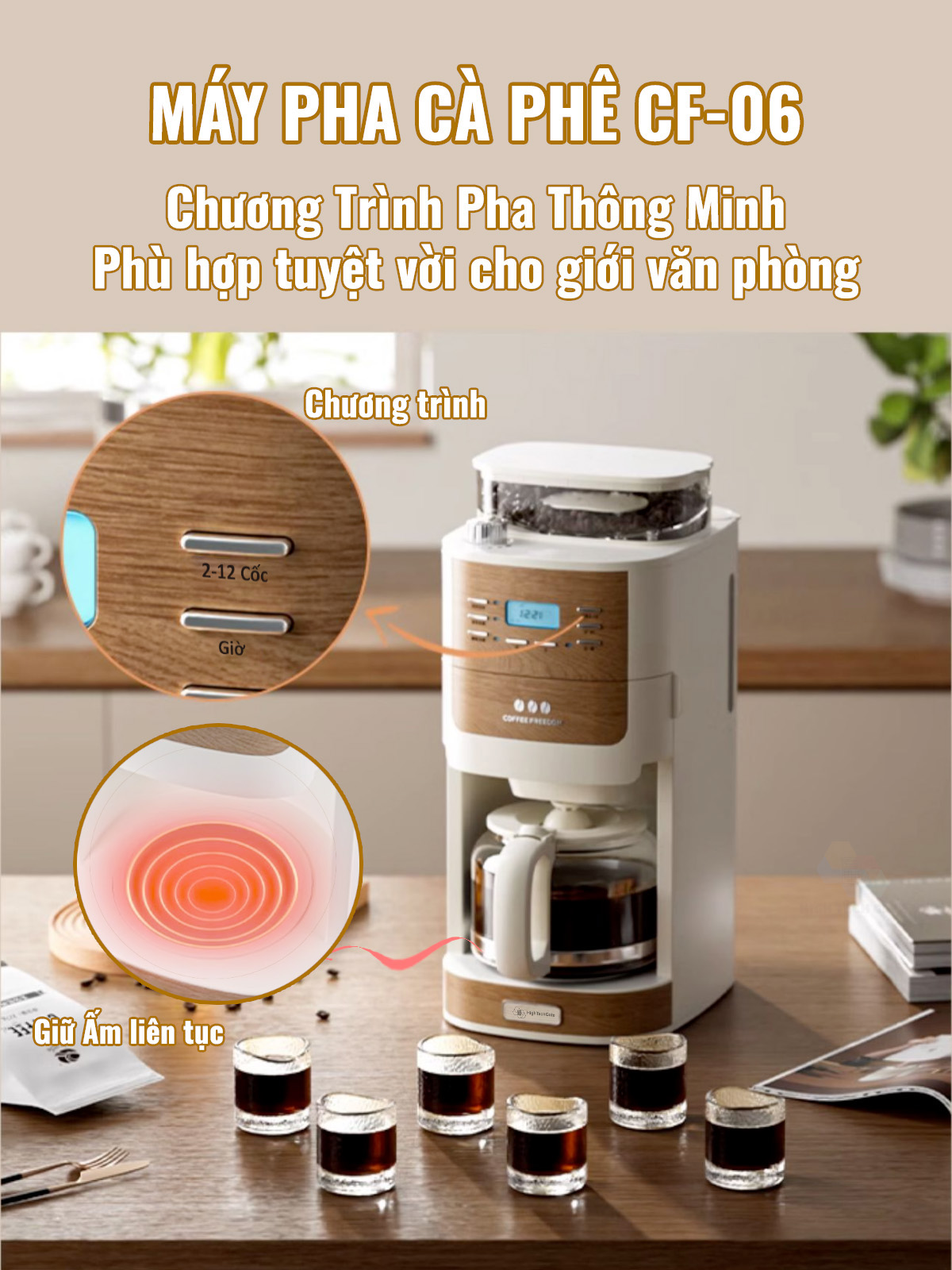 Máy Pha Cà Phê CF06 Tự Động Vừa Xay, Vừa Pha 2 Trong 1, Từ 2-12 Cốc/Lần, Hẹn Giờ Pha Thông Minh, Cối Xay Cafe Lưỡi Nón Độ Đồng Nhất Cao, Hàng Chính Hãng