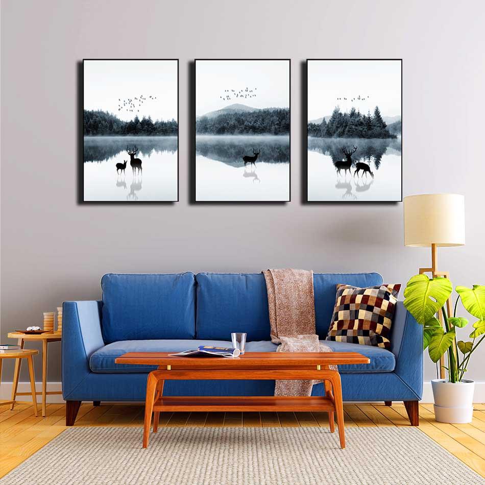 Bộ 3 tranh canvas treo tường Decor Họa tiết hươu bên dòng sông - DC211