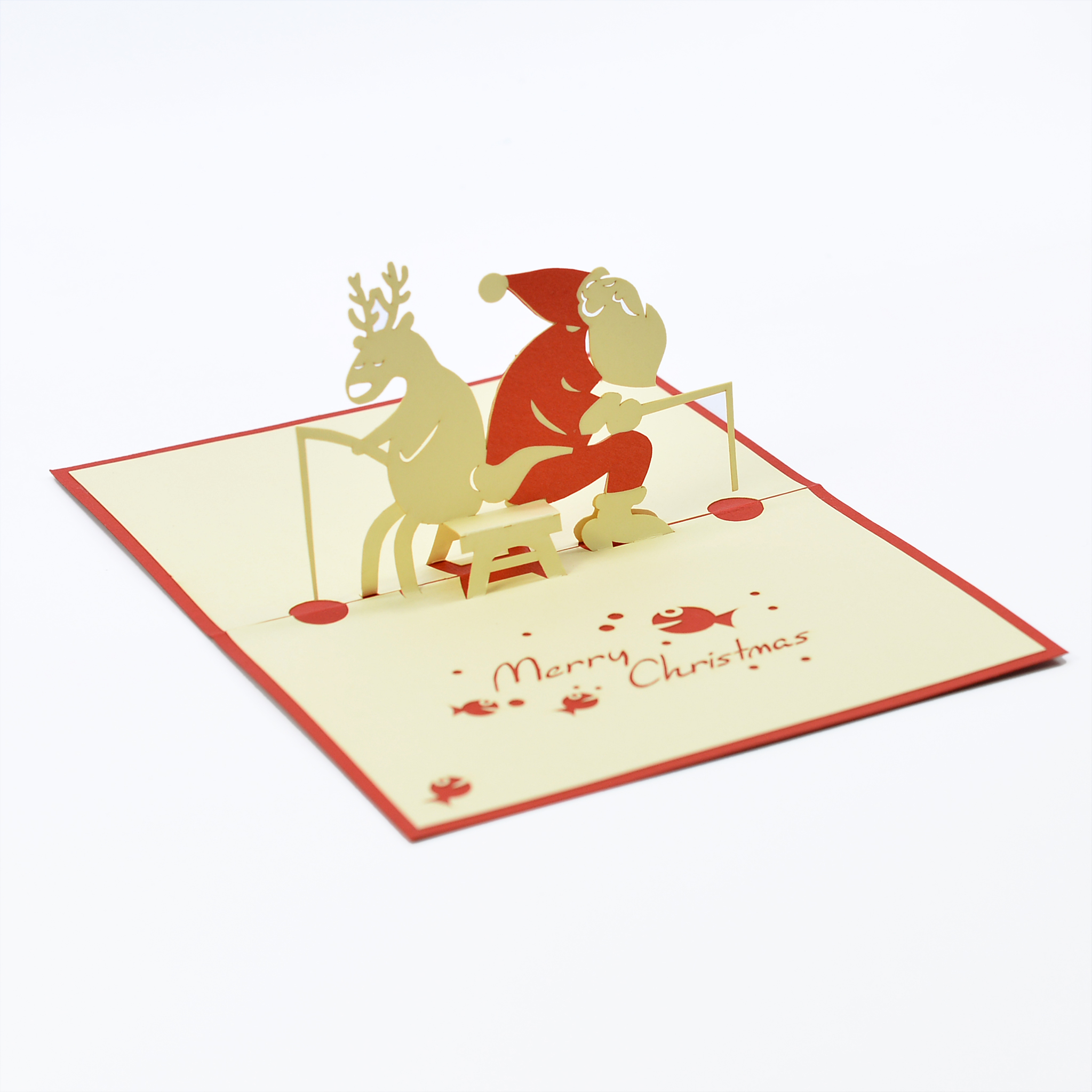 Thiệp 3D handmade  Santa Clause go Fishing- Ông già noel đi câu cá cùng chú tuần lộc size 10x15cm CN099