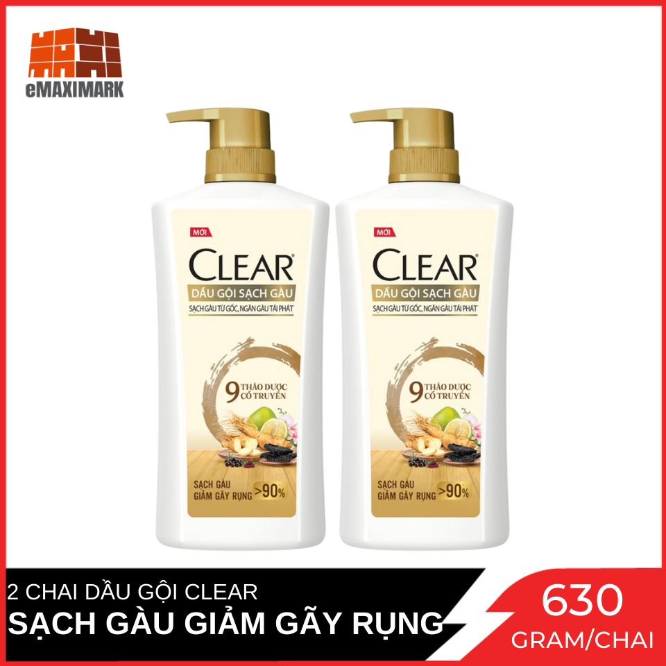 Combo 2 Chai Dầu Gội CLEAR 9 Thảo Dược Cổ Truyền Sạch Gàu Giảm Gãy Rụng Chai 630G X2