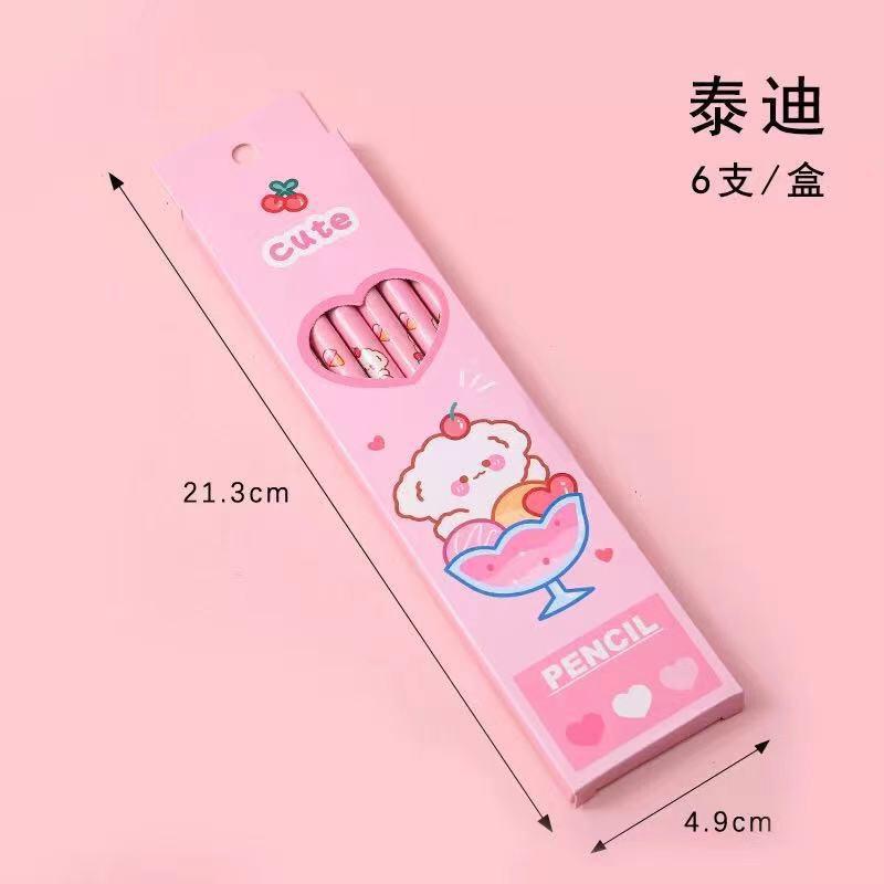 Set 6 bút chì chuốt HB cao cấp bằng gỗ kèm hộp nhiều chủ đề hoạt hình ngộ nghĩnh thích hợp làm quà cho bé