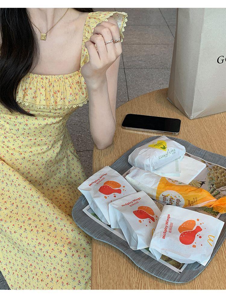TOBE1SHOP Trà nghỉ kiểu Pháp cổ vuông tay áo nhỏ màu vàng hoa đầm nhỏ thắt lưng lộ vẻ gầy mùa hè váy dài đến mắt cá chân