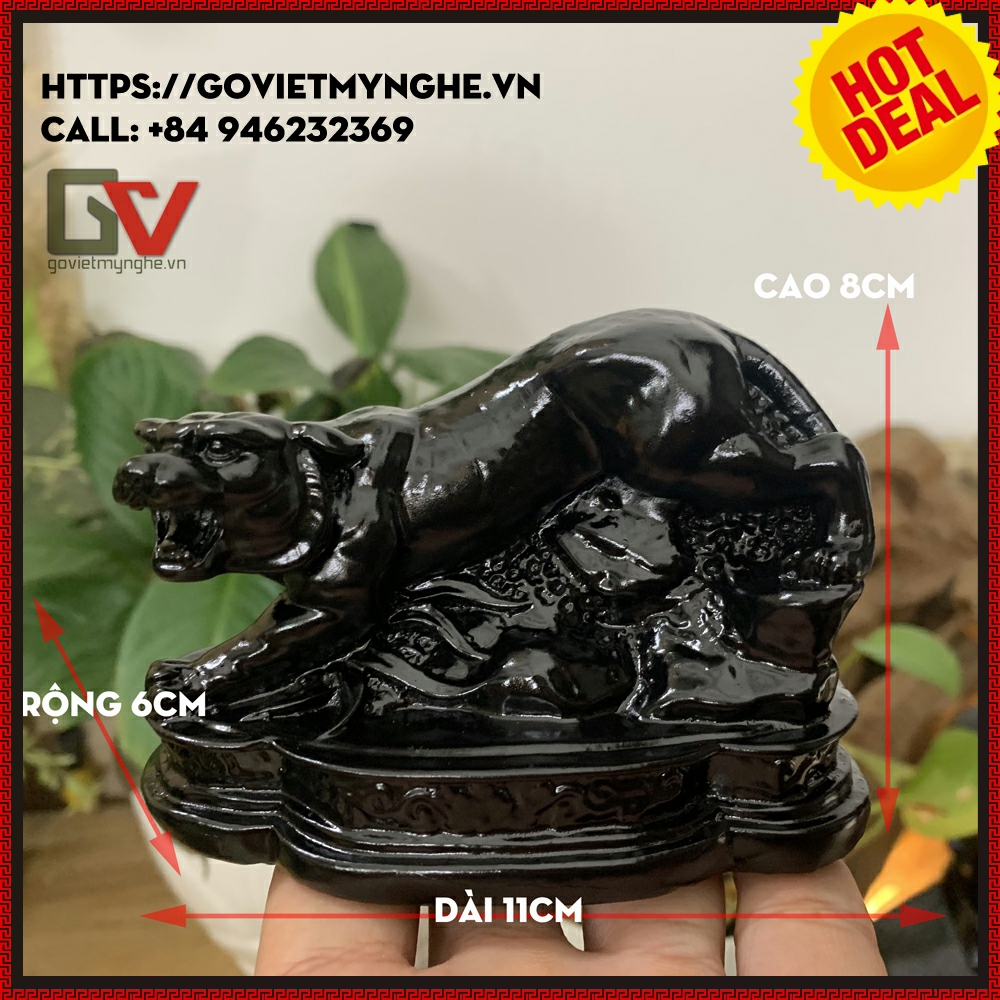 [Hổ phong thủy] Tượng đá con hổ trang trí phong thủy bàn làm việc mang may mắn cho gia chủ - Dài 11cm - Màu đen tuyền