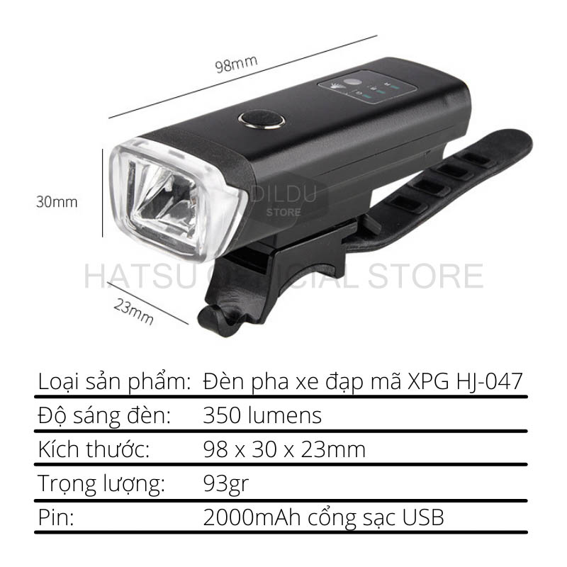 Đèn còi xe đạp siêu sáng HATSU XPG HJ-047B - đèn cảm biến ánh sáng tự động - đèn Led xe đạp thể thao Pin 2400mAh - Sạc USB - Phiên bản có Còi, âm thành 120db