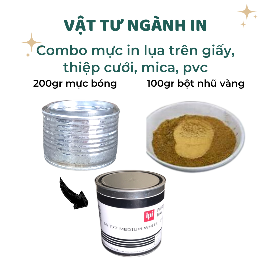 Combo 200gr mực bóng + 100gr nhũ bột vàng để in trên giấy, thiệp cưới, PVC, mica