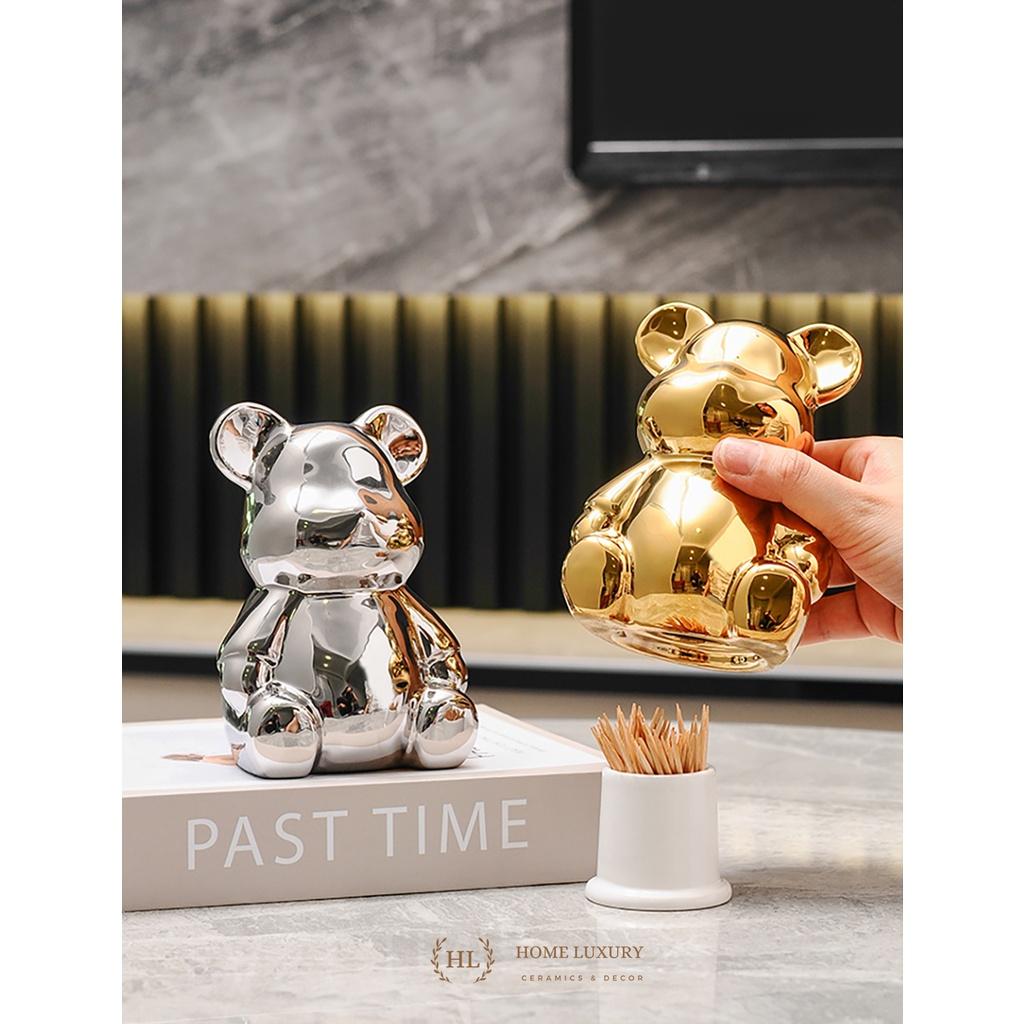 Lọ Đựng Tăm Hình Gấu Bearbrick Cao Cấp Vàng Kim 2023 | Hũ sứ có nắp đậy đựng tăm chất liệu sứ điểm vàng kim hình Gấu