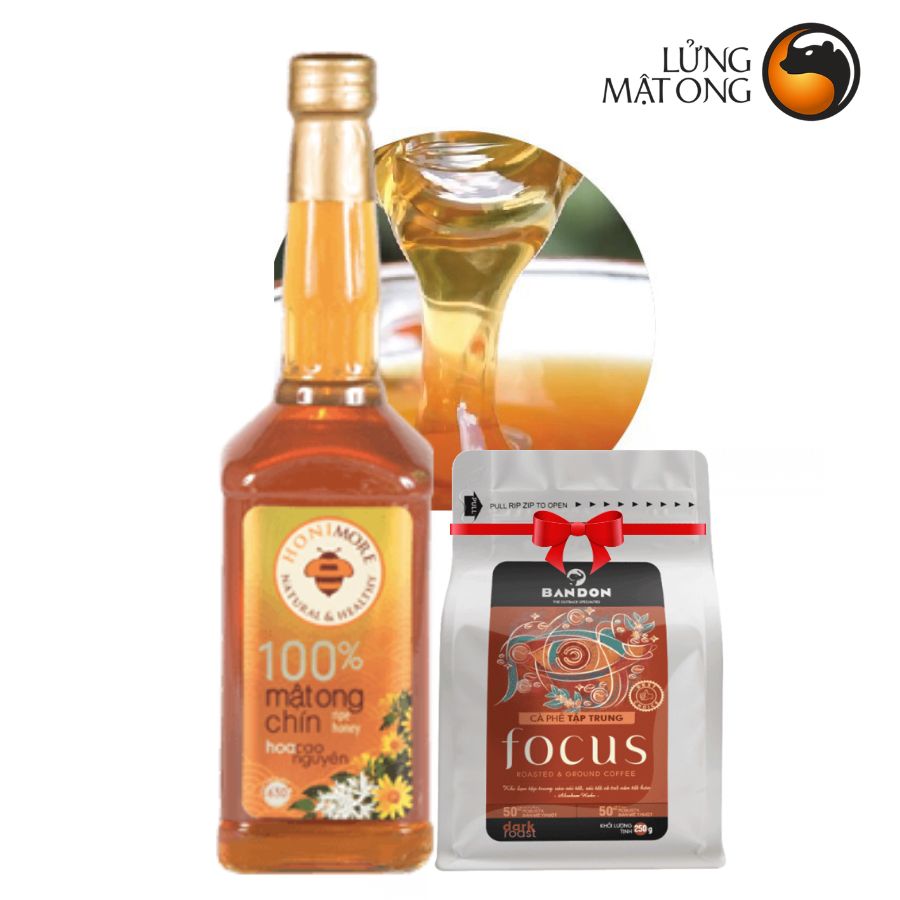 Combo Mật ong chín Honimore Hoa Cao Nguyên 630g + Cà phê rang xay nguyên chất mộc sạch Bandon Focus