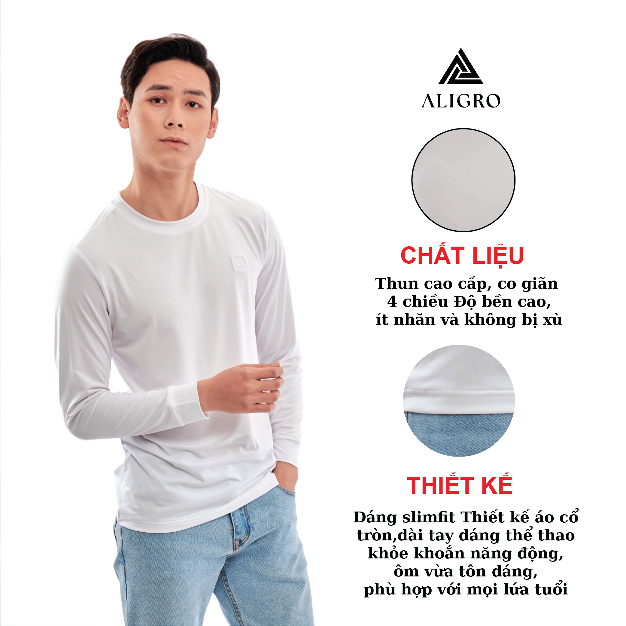 Áo thun nam dài tay ALIGRO màu trắng, chất thun cao cấp nhẹ, co giãn 4 chiều ALGAPD066