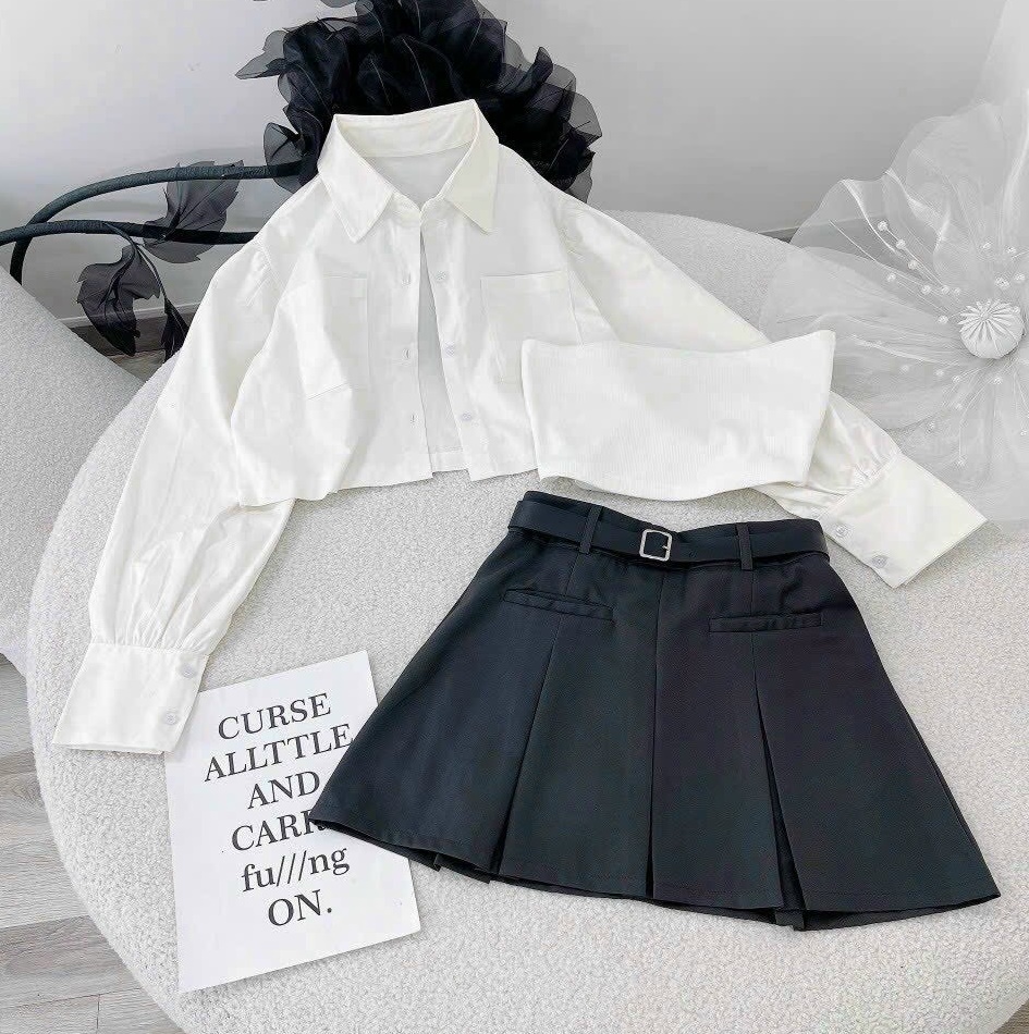 ĐẦM SET ÁO CROPTOP SƠ MI KHOÁC LỬNG TAY DÀI + ÁO ỐNG + CHÂN VÁY NGẮN LƯNG CAO XẾP LY CHỮ A MIDI ĐI TIỆC ĐI CHƠI NOEL DẠO PHỐ GIÁNG SINH ĐI BIỂN