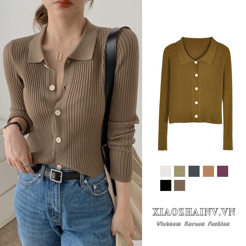 Xiaozhainv Áo Cardigan Dệt Kim Tay Dài Cổ Bẻ Phong Cách Hàn Quốc